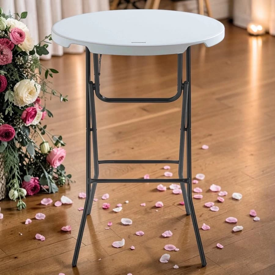 Mange-debout pliant diamètre 80 cm, plateau PEHD blanc et pieds acier époxy.
