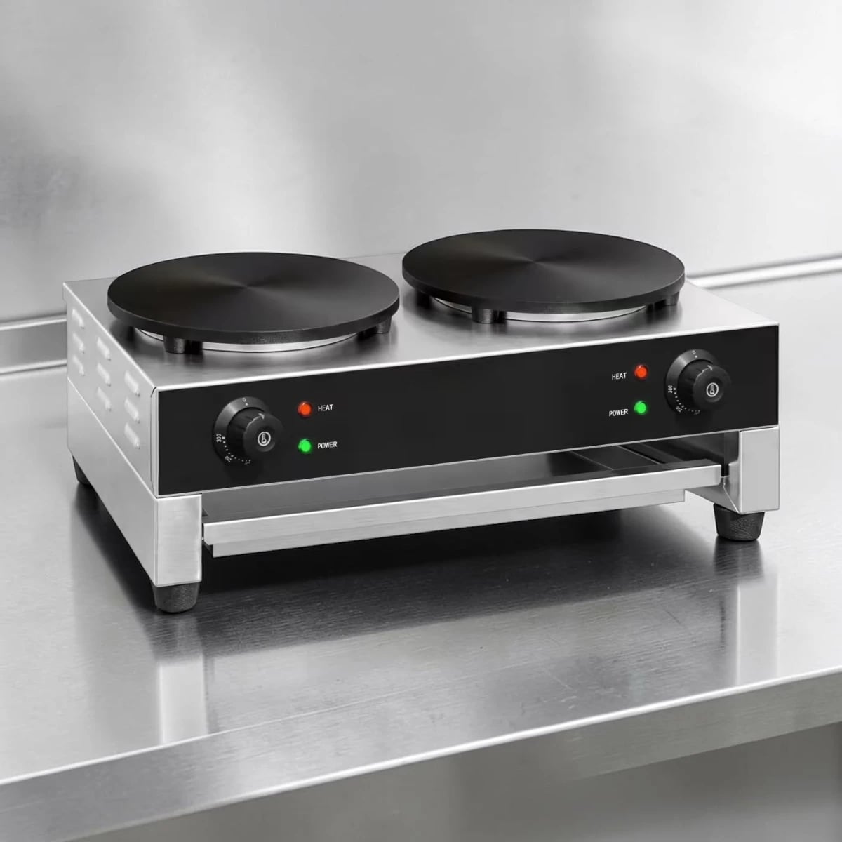 Crêpière professionnelle double diamètre 400 mm, alimentation 400V triphasé.