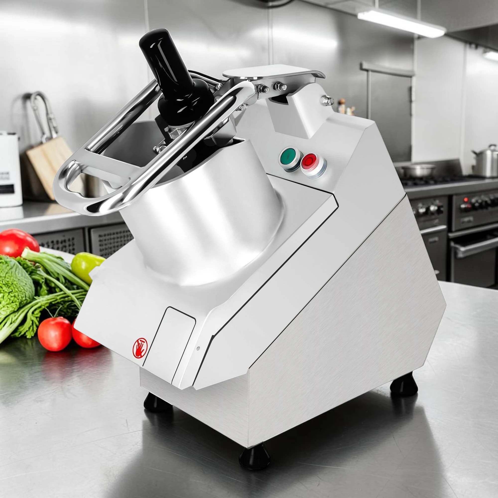 Coupe-légumes électrique 750 W avec ses 6 disques de découpe.