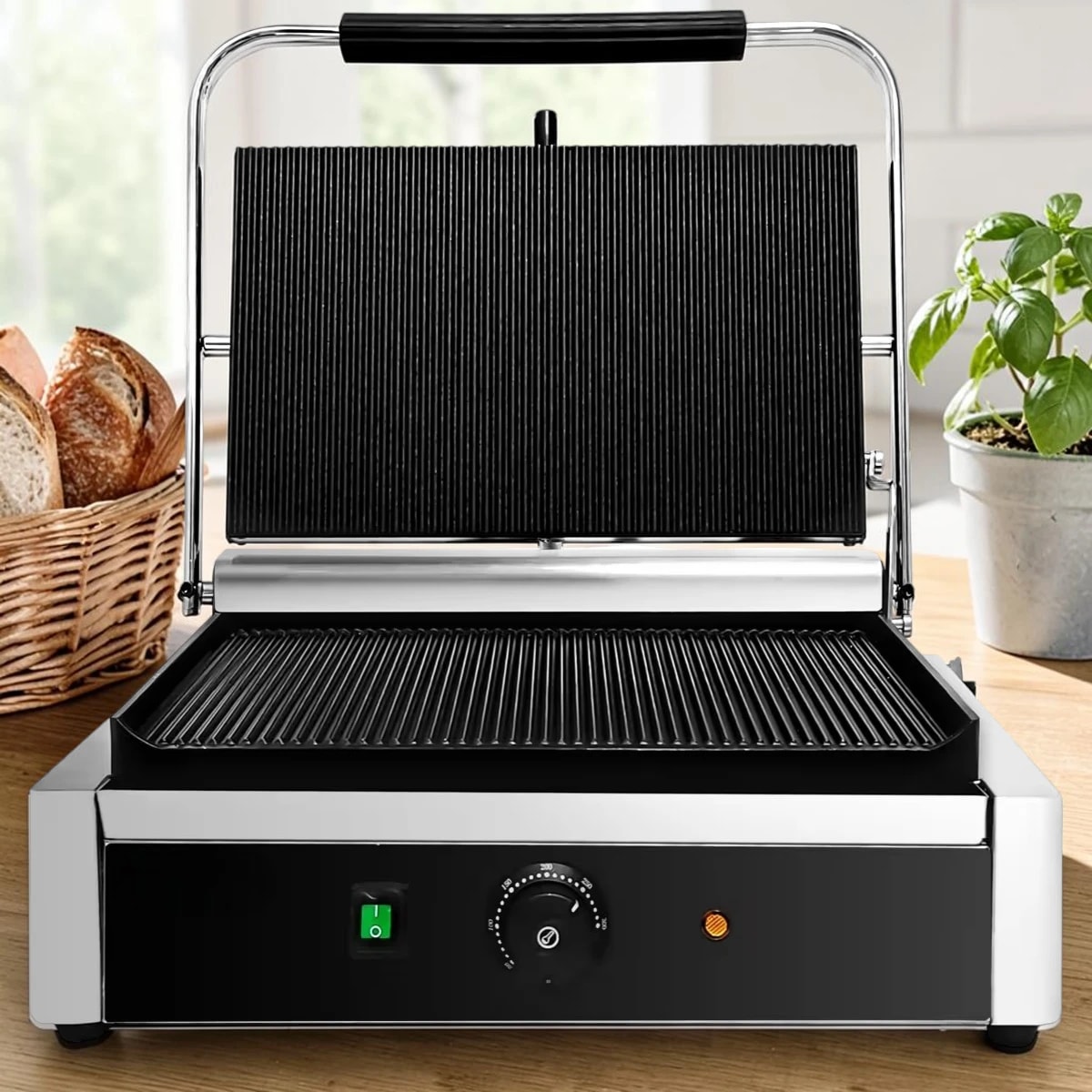 Presse à panini professionnelle 2,8 kW, surface 340 × 230 mm.